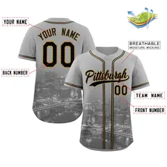 Gray Black-Old Gold Pittsburgh City Skyline Baseball Jersey 2
