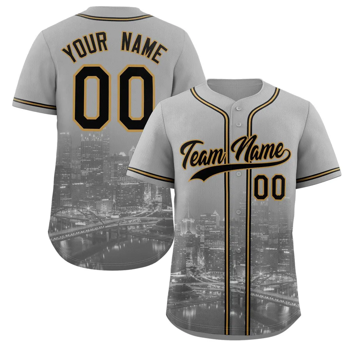 Gray Black-Old Gold Pittsburgh City Skyline Baseball Jersey