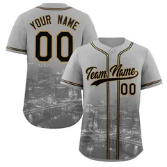 Gray Black-Old Gold Pittsburgh City Skyline Baseball Jersey 1