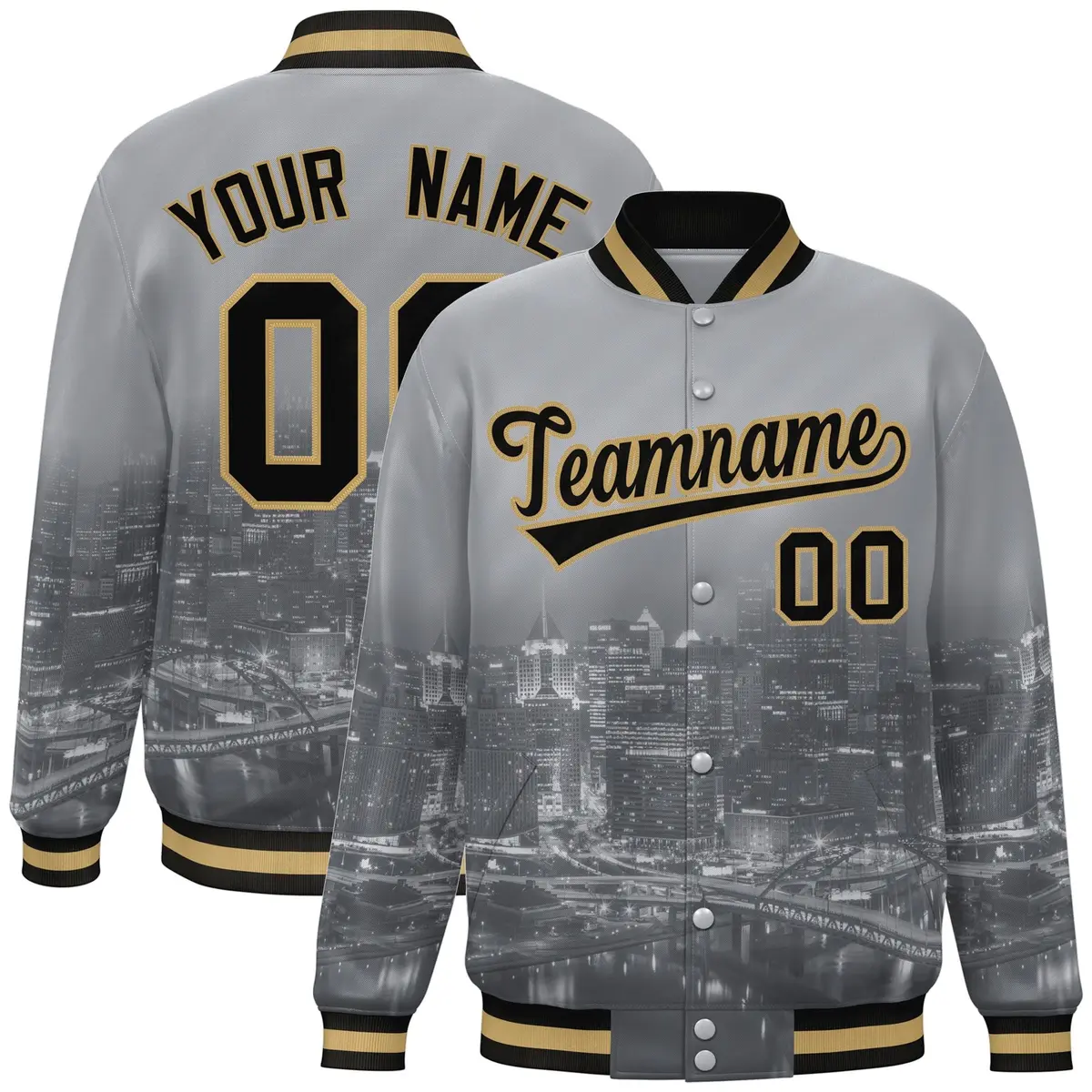 Gray Black-Old Gold Pittsburgh City Skyline Varsity Full-Snap Track Jacket