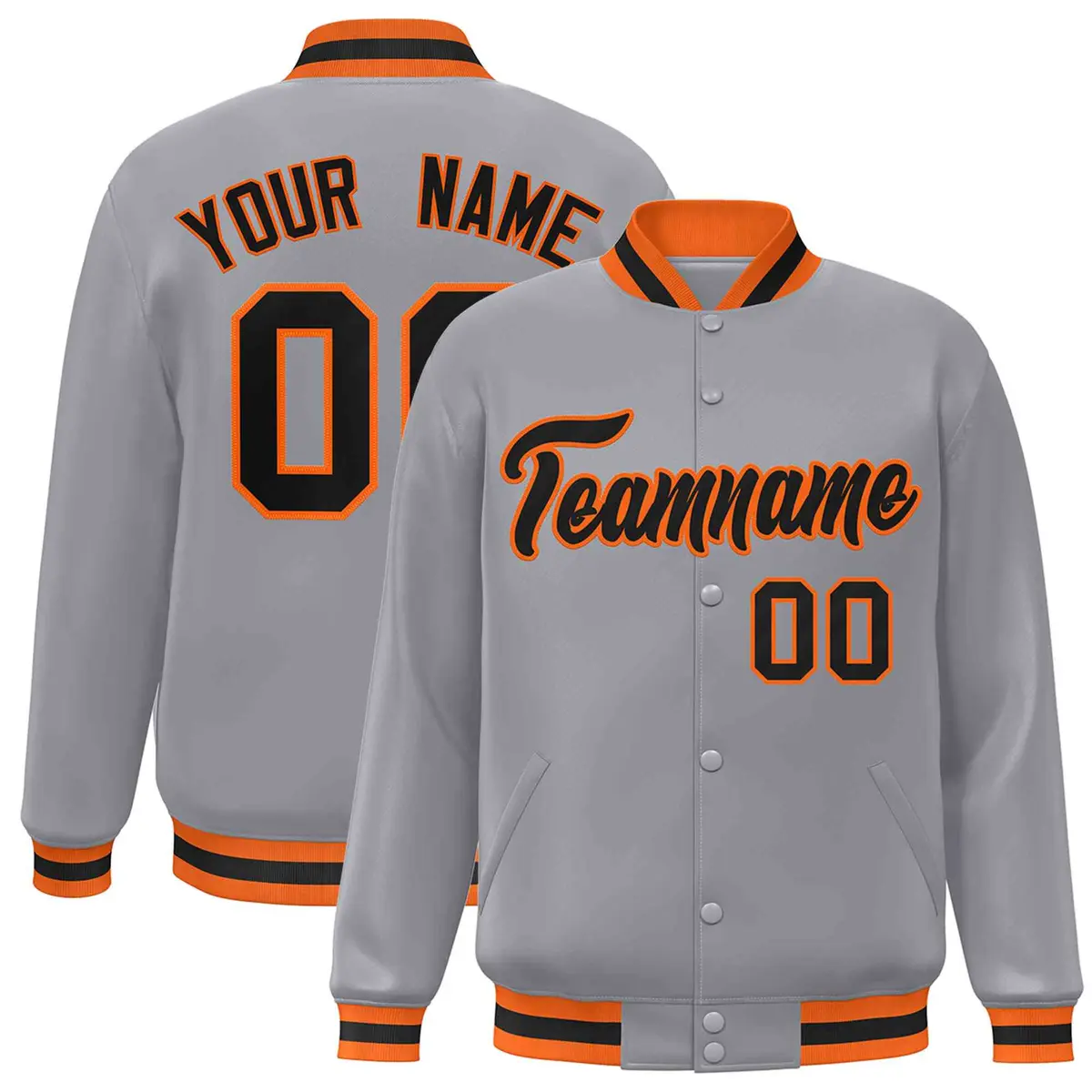 Gray Black-Orange Classic Varsity Full-Snap Letterman Jacket