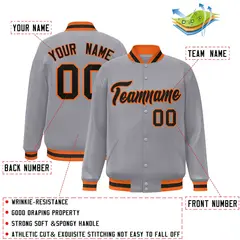 Gray Black-Orange Classic Varsity Full-Snap Letterman Jacket 2