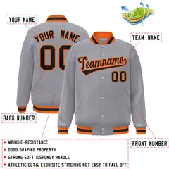 Gray Black-Orange Classic Varsity Full-Snap Letterman Jacket 2