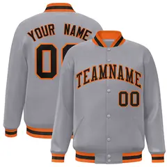 Gray Black-Orange Classic Varsity Full-Snap Letterman Jacket 1