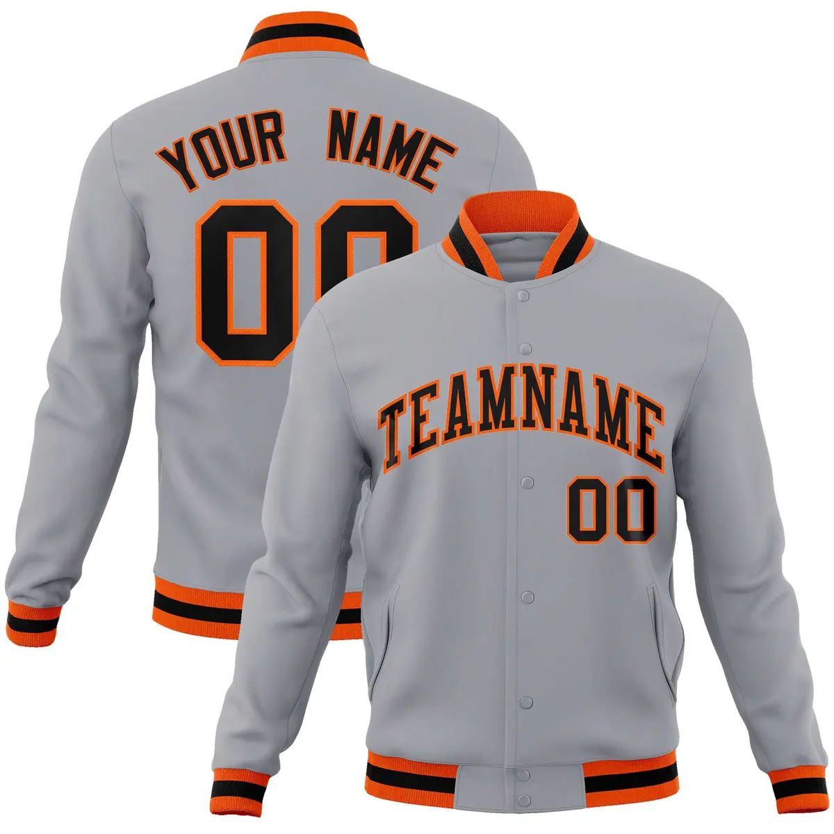 Gray Black-Orange Classic Varsity Full-Snap Letterman Jacket