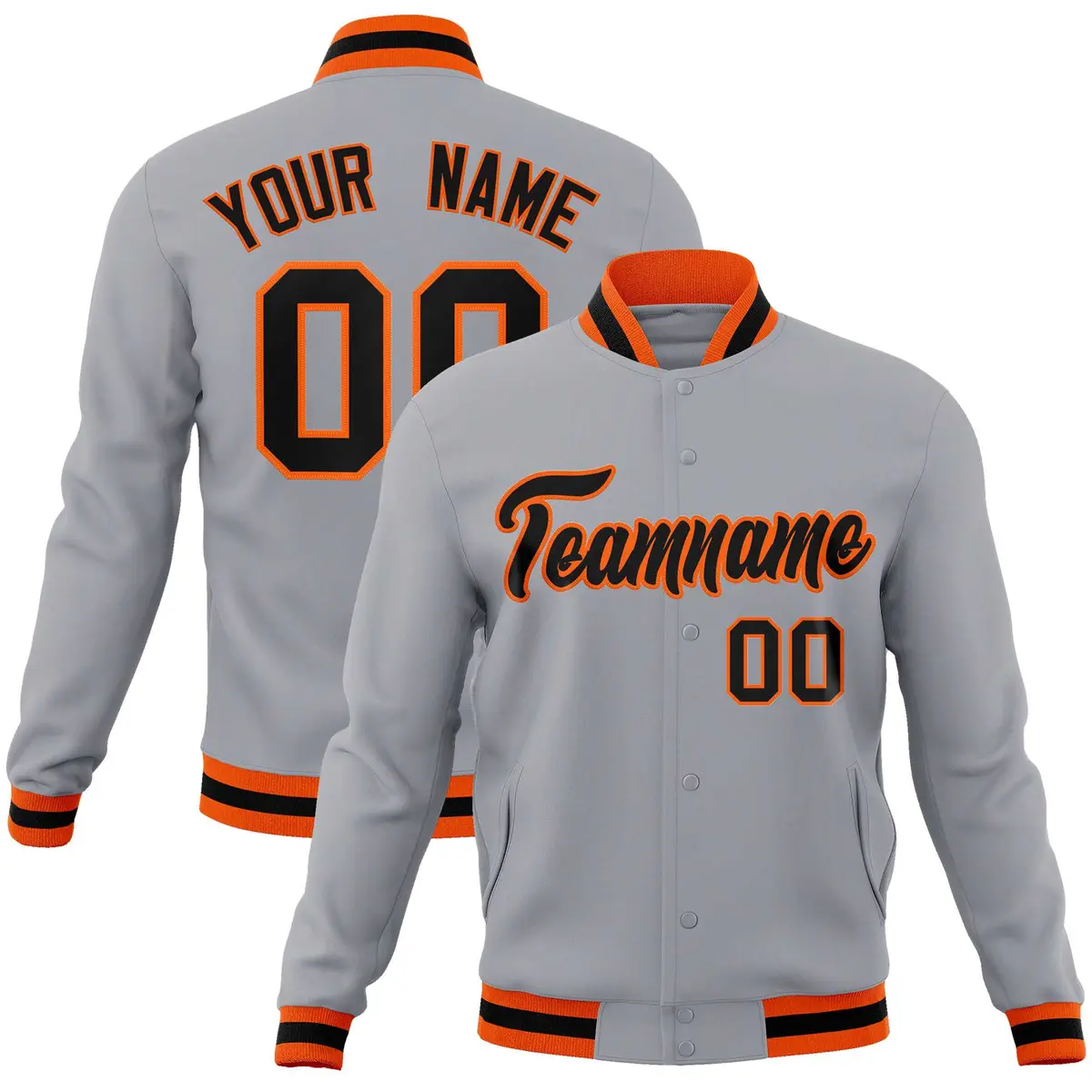 Gray Black-Orange Classic Varsity Full-Snap Letterman Jacket