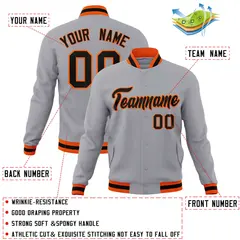 Gray Black-Orange Classic Varsity Full-Snap Letterman Jacket 4