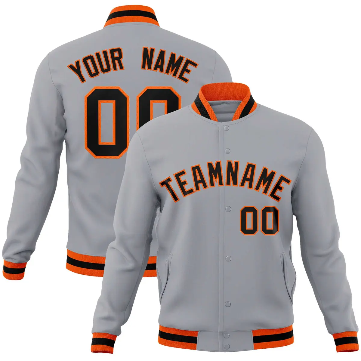 Gray Black-Orange Classic Varsity Full-Snap Letterman Jacket