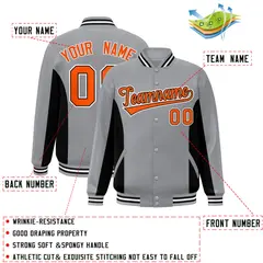 Gray Black-Orange Color Block Varsity Letterman Baseball Jacket 2