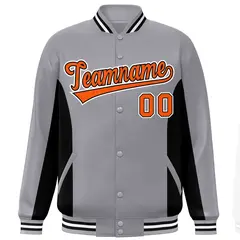 Gray Black-Orange Color Block Varsity Letterman Baseball Jacket 3