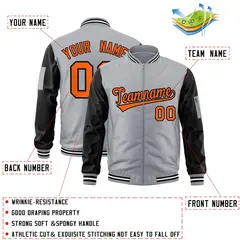 Gray Black-Orange Raglan Sleeves Letterman Bomber Jacket 2
