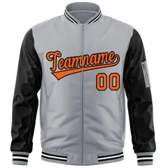 Gray Black-Orange Raglan Sleeves Letterman Bomber Jacket 3