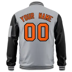 Gray Black-Orange Raglan Sleeves Letterman Bomber Jacket 4
