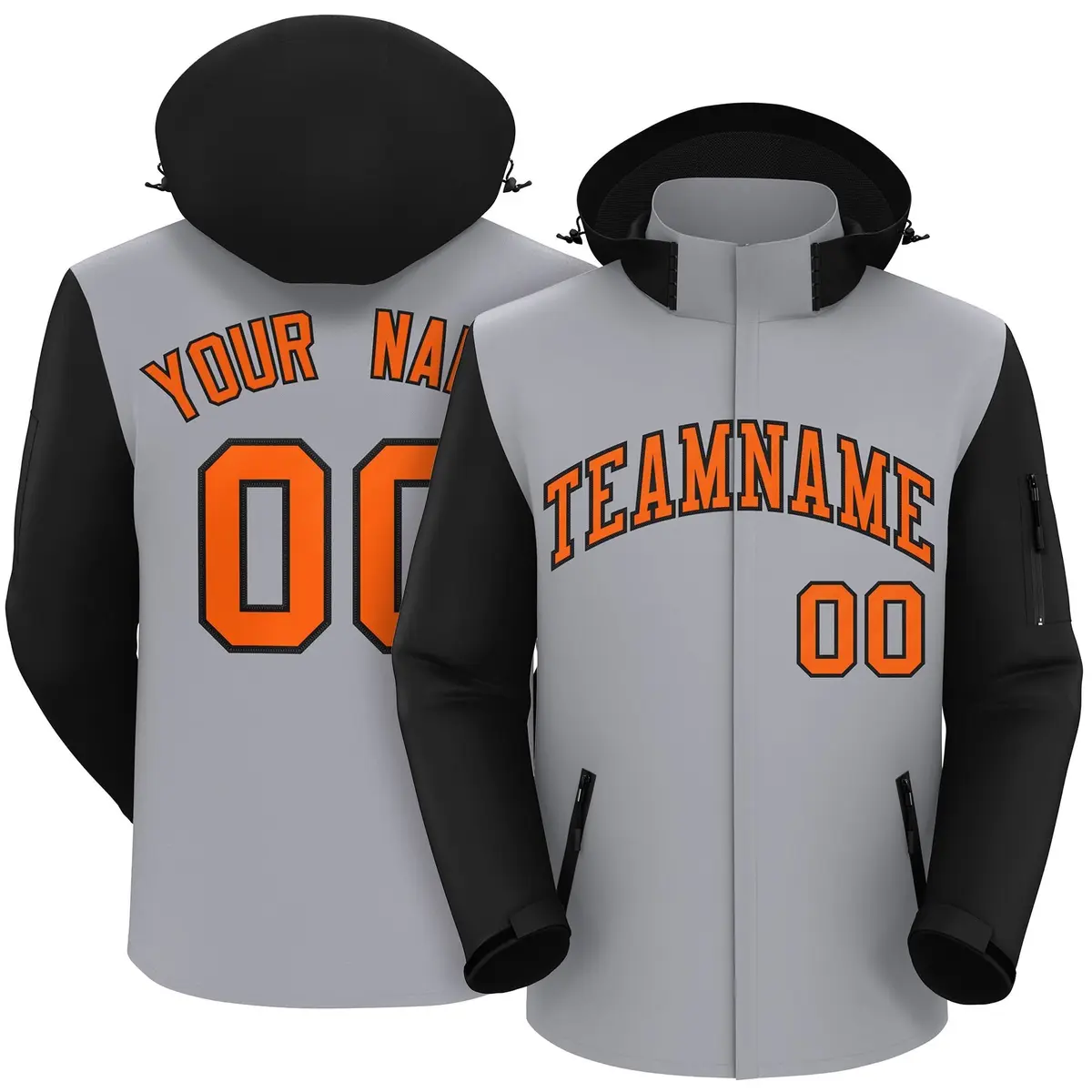 Gray Black-Orange Raglan Sleeves Waterproof Jacket