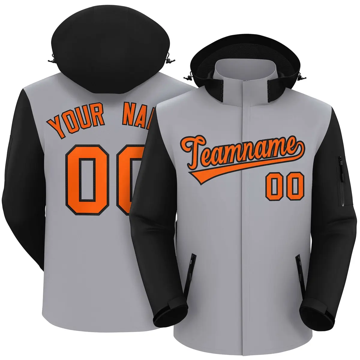 Gray Black-Orange Raglan Sleeves Waterproof Jacket