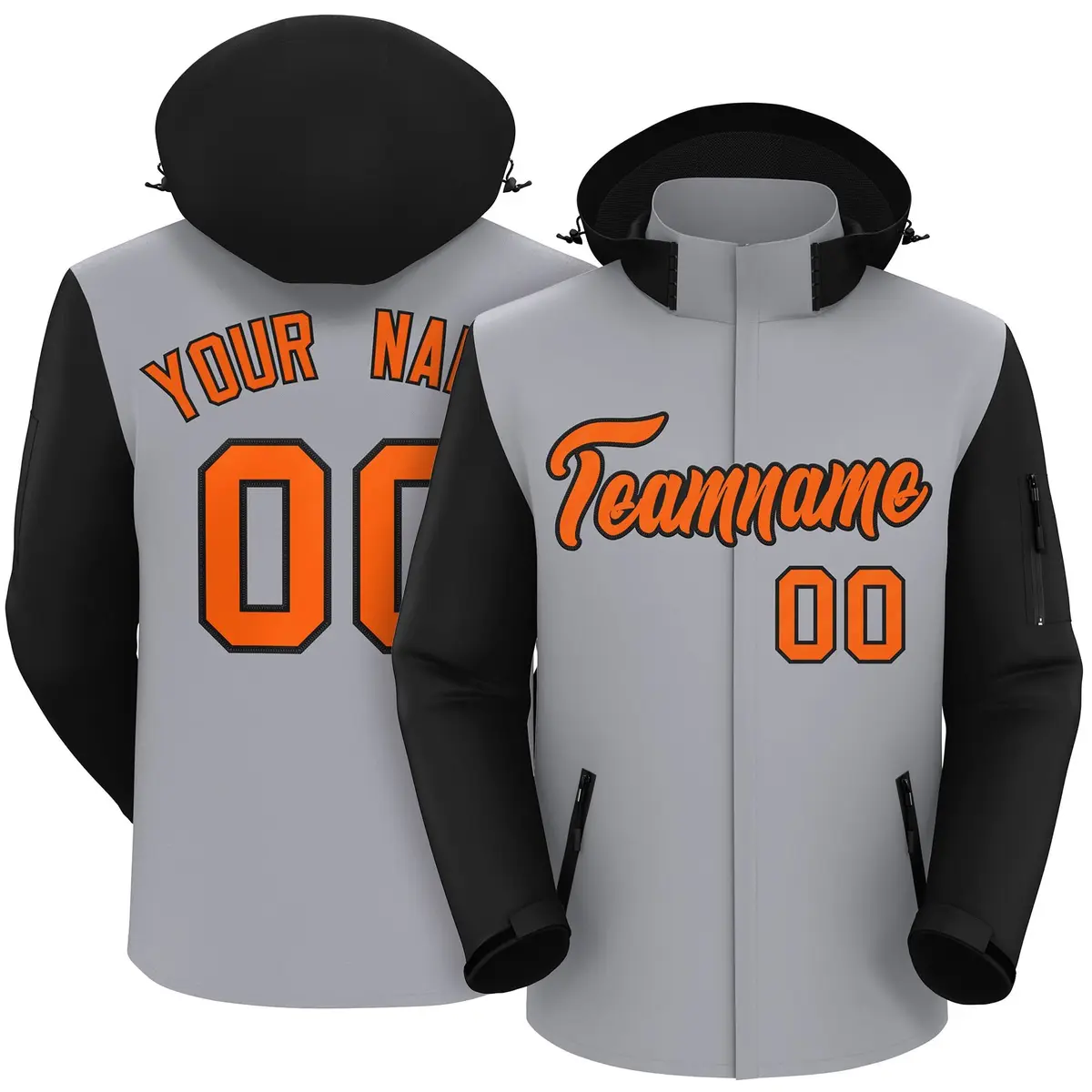 Gray Black-Orange Raglan Sleeves Waterproof Jacket