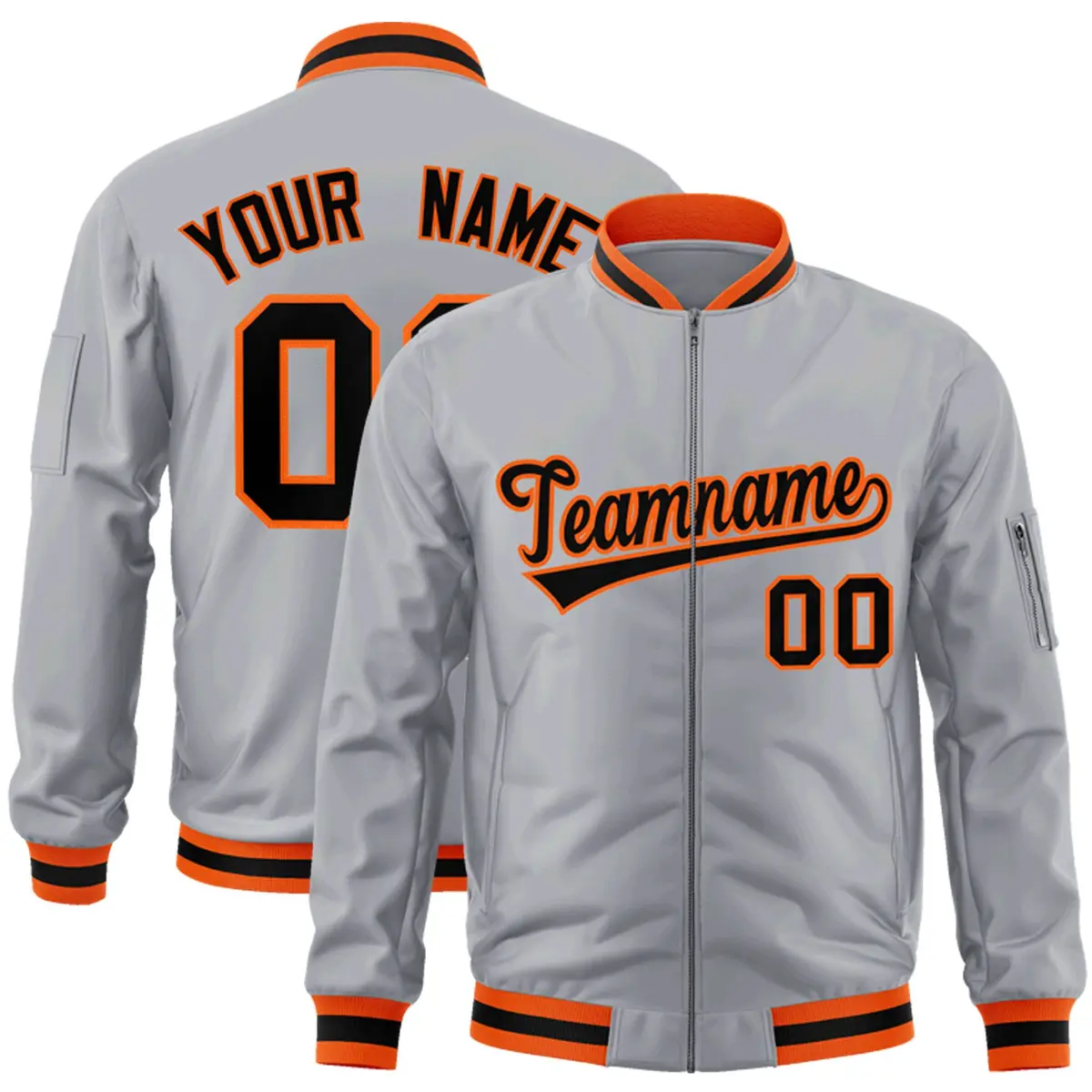 Gray Black-Orange Varsity Full-Zip Letterman Bomber Jacket