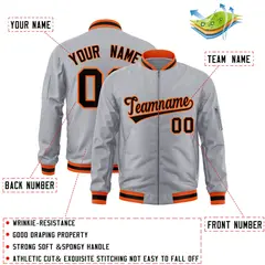 Gray Black-Orange Varsity Full-Zip Letterman Bomber Jacket 2