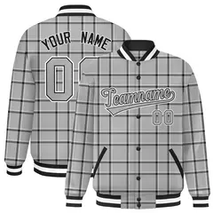 Gray Black Plaid Pattern Varsity Letterman Baseball Jacket