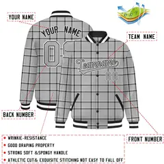Gray Black Plaid Pattern Varsity Letterman Baseball Jacket 2