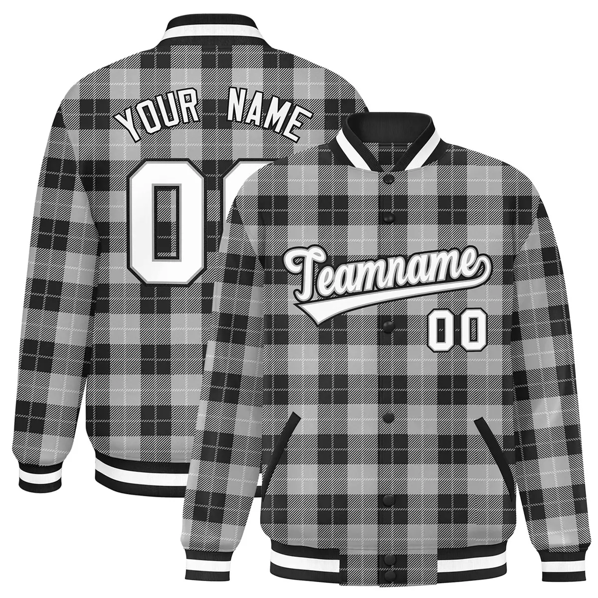 Gray Black Plaid Pattern Varsity Letterman Baseball Jacket