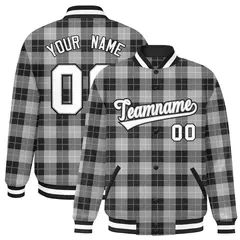 Gray Black Plaid Pattern Varsity Letterman Baseball Jacket 1