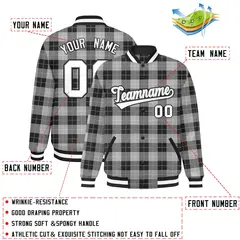 Gray Black Plaid Pattern Varsity Letterman Baseball Jacket 2