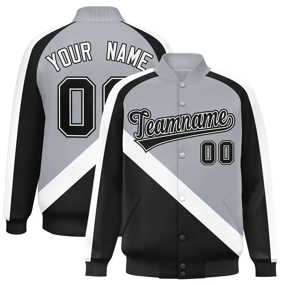 Gray Black Raglan Full-Snap Letterman Baseball Jacket