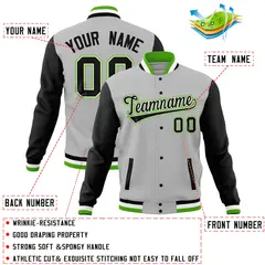 Gray Black Raglan Sleeves Full-Snap Letterman Jacket 4