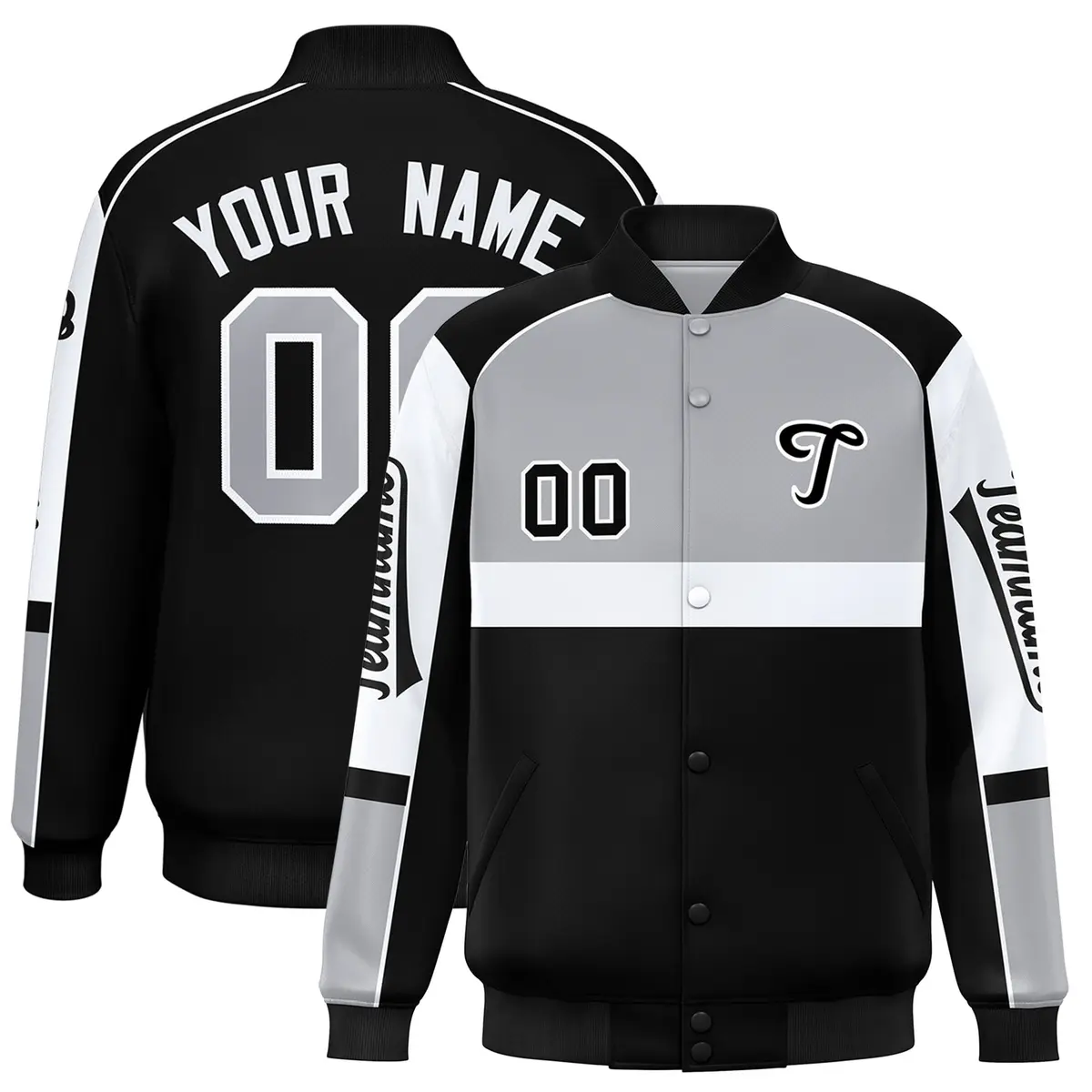 Gray Black Raglan Sleeves Full-Snap Varsity Letterman Jacket