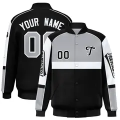 Gray Black Raglan Sleeves Full-Snap Varsity Letterman Jacket