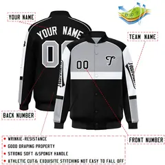 Gray Black Raglan Sleeves Full-Snap Varsity Letterman Jacket 2