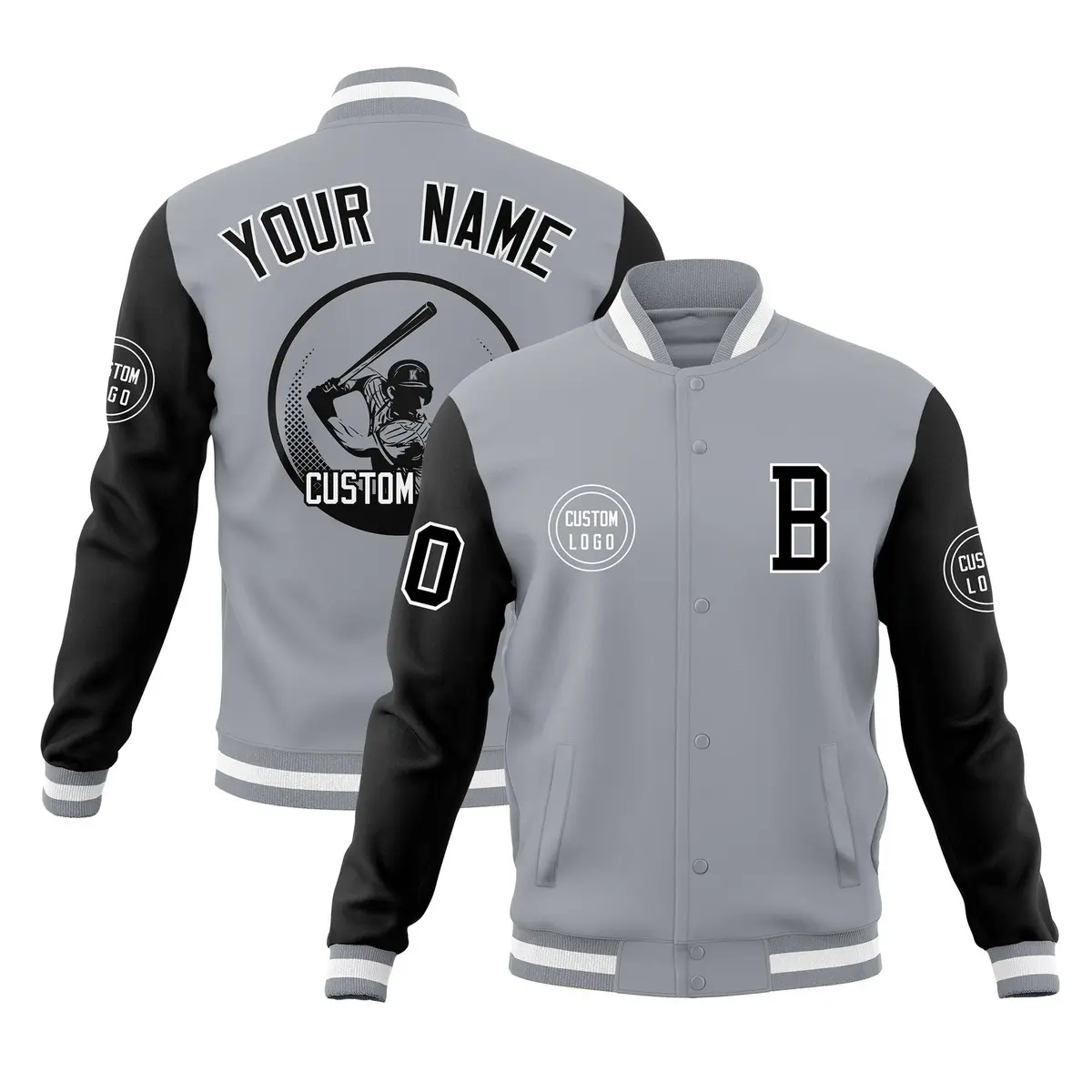 Gray Black Raglan Sleeves Full-Snap Varsity Letterman Jacket