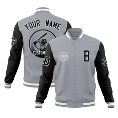 Gray Black Raglan Sleeves Full-Snap Varsity Letterman Jacket