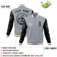 Gray Black Raglan Sleeves Full-Snap Varsity Letterman Jacket 4