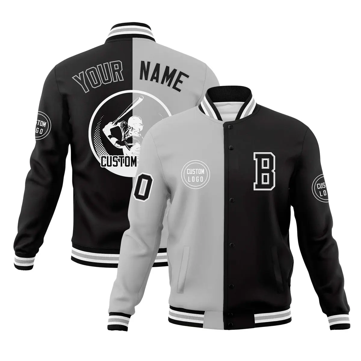 Gray Black Split Letterman Full-Snap Varsity Baseball Jacket
