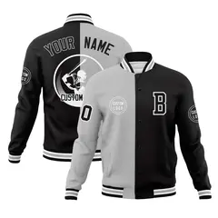 Gray Black Split Letterman Full-Snap Varsity Baseball Jacket