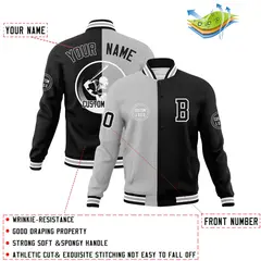 Gray Black Split Letterman Full-Snap Varsity Baseball Jacket 4