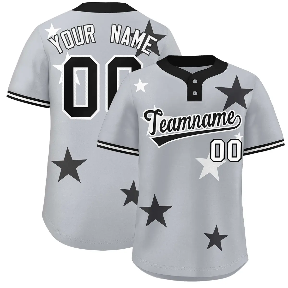 Gray Black Star Graffiti Two-Button Baseball Jersey