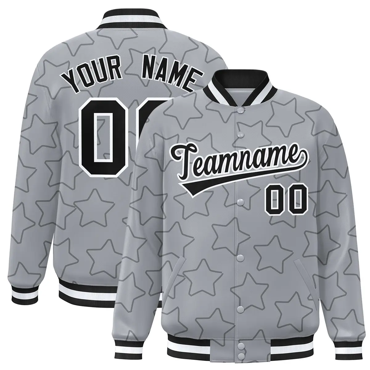 Gray Black Star Pattern Varsity Letterman Baseball Jacket