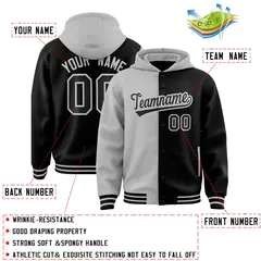 Gray Black Two Tone Full-Snap Varsity Letterman Hoodie Jacket 4