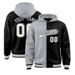 Gray Black Two Tone Full-Snap Varsity Letterman Hoodie Jacket