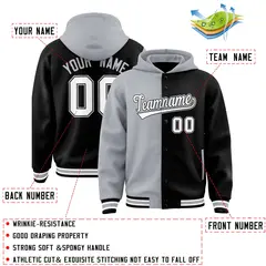 Gray Black Two Tone Full-Snap Varsity Letterman Hoodie Jacket 4