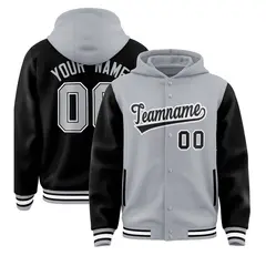 Gray Black Two Tone Raglan Full-Snap Varsity Letterman Jacket Hoodie