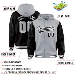 Gray Black Two Tone Raglan Full-Snap Varsity Letterman Jacket Hoodie 4