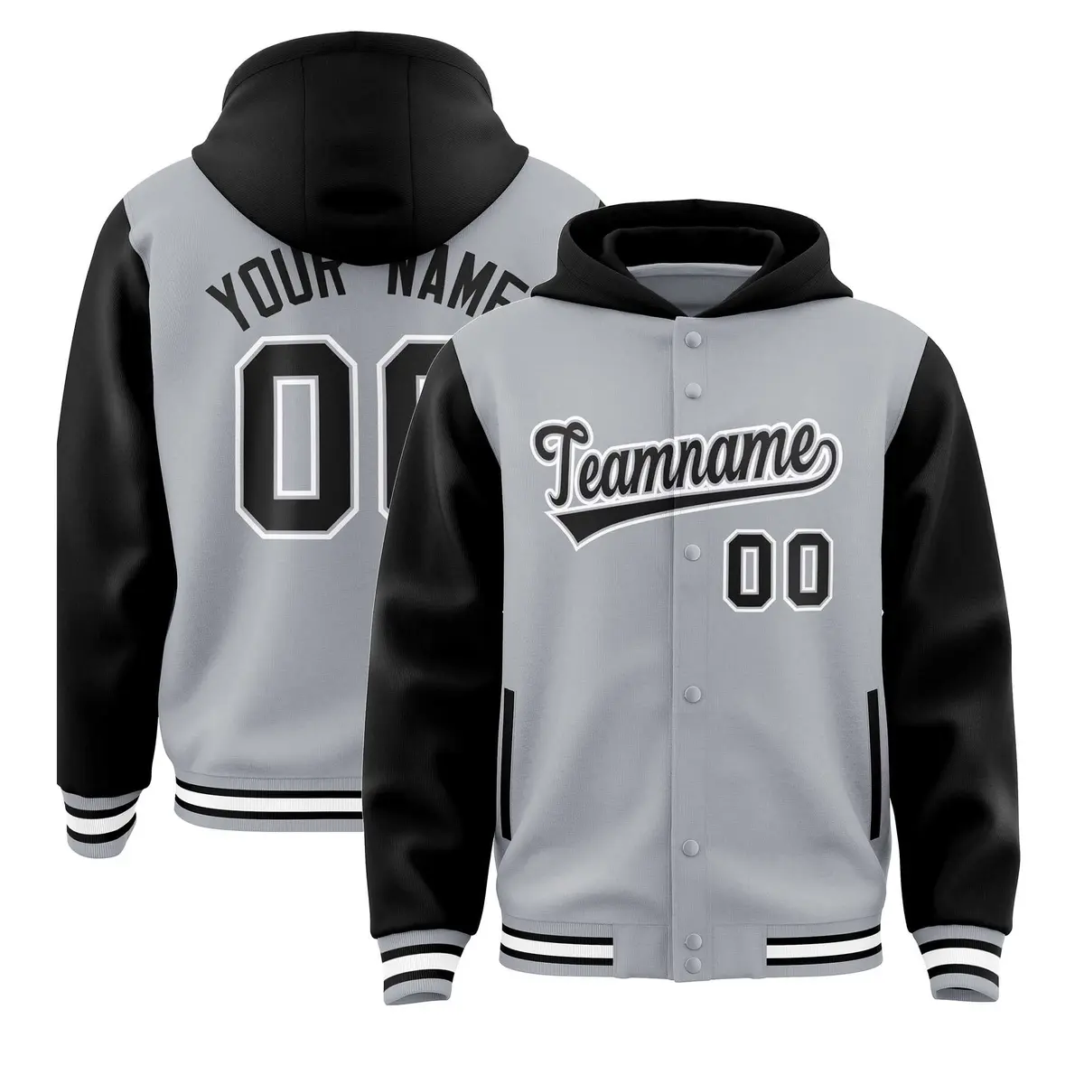 Gray Black Two Tone Raglan Full-Snap Varsity Letterman Jacket Hoodie