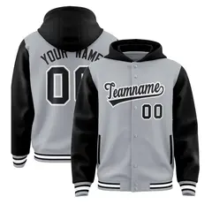 Gray Black Two Tone Raglan Full-Snap Varsity Letterman Jacket Hoodie 1