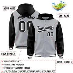 Gray Black Two Tone Raglan Full-Snap Varsity Letterman Jacket Hoodie 4