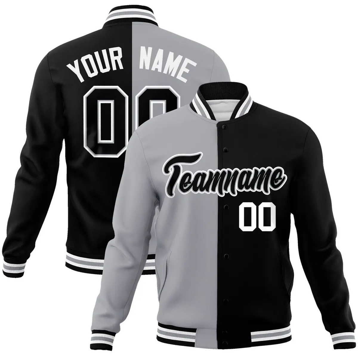 Gray Black Two Tone Split Varsity Full-Snap Letterman Jacket