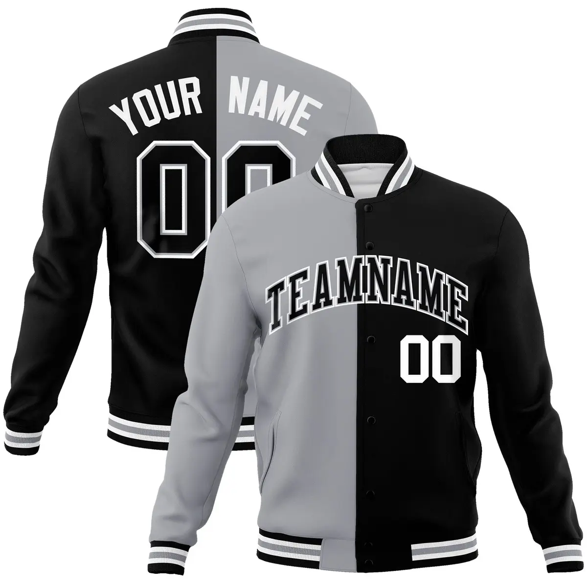 Gray Black Two Tone Split Varsity Full-Snap Letterman Jacket